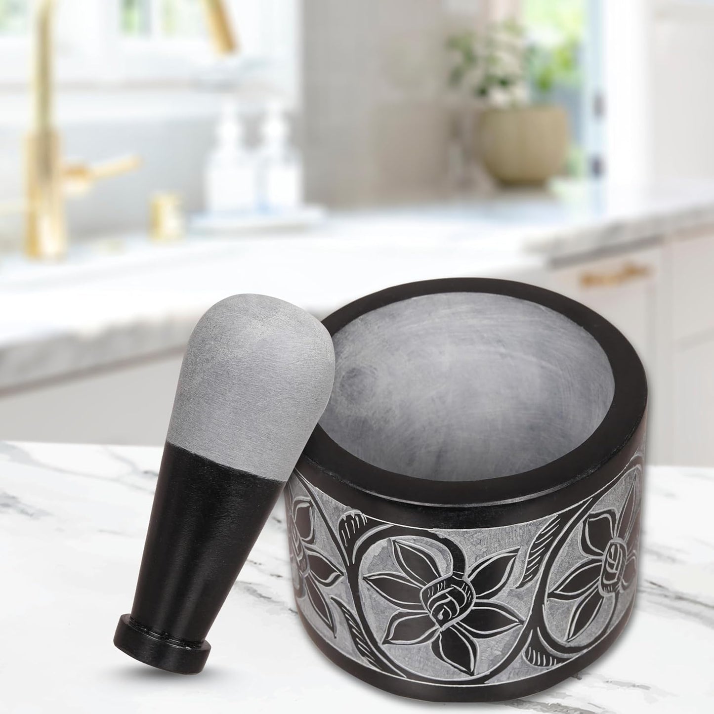 Mortar and Pestle, Made of Heavy Duty Polished Hard Stone, Natural Stone Grinder for Spices, Pastes, Herbs, Seasoning etc. (Ember)