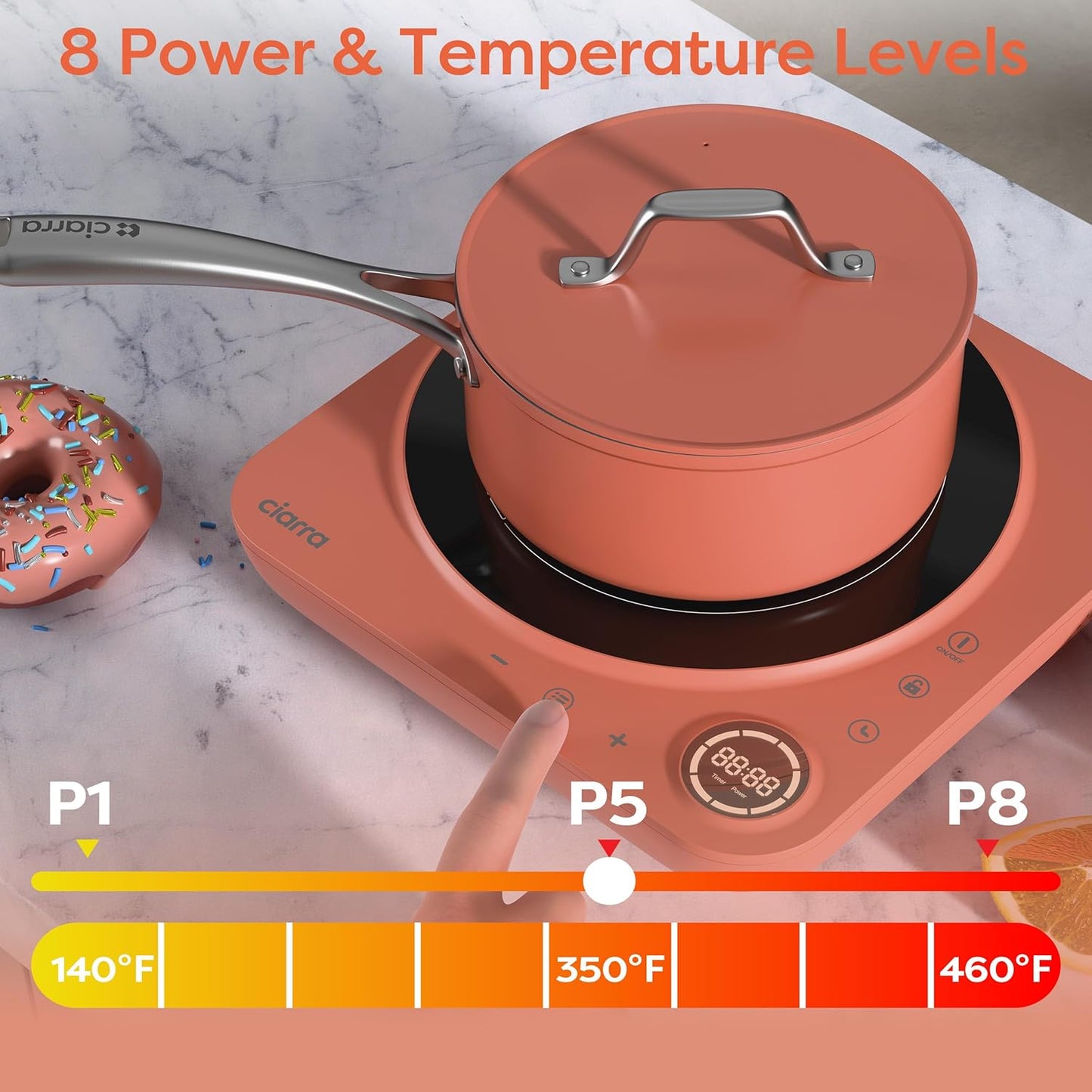 CIARRA CATIH1A-O Portable Induction Cooktop, Slim Single Electric Countertop Burner with Sensor Touch and Digital time, Orange
