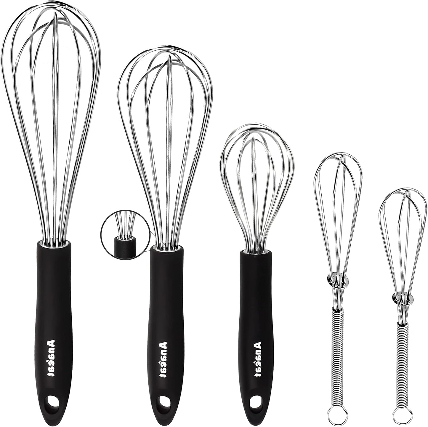 Anaeat Stainless Steel Kitchen Whisk Set of 5, Milk and Egg Beater Blender with Thick Wire for Whisking, Cooking, Baking, Beating and Stirring - 5"+7" Mini Whisk and 8.5''+10.5''+12'' Balloon Whisks