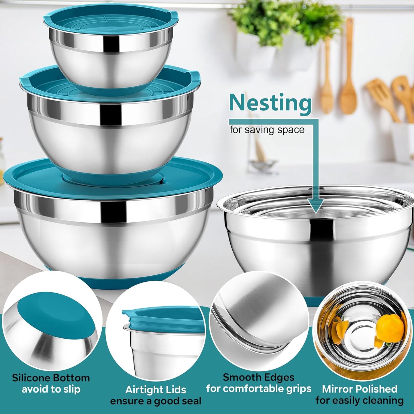 P&P CHEF Mixing Bowl with Lids Set of 3, Stainless Steel Nesting Salad Bowls for Serving Preparing, 3 Grater Attachments & Non-Slip Bottoms, Size 1.5/2.6/4.6 QT, Blue