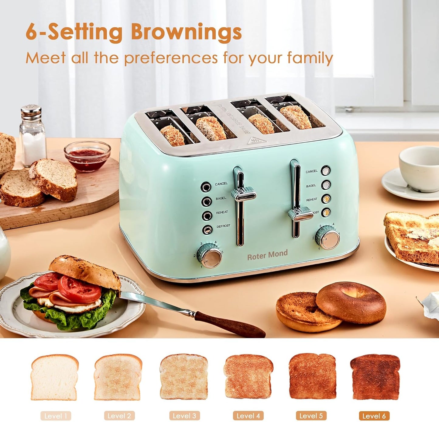 Toaster 4 Slice Retro Stainless Steel with Extra Wide Slots Bagel, Defrost, Reheat Function, Dual Independent Control Panel, Removable Crumb Tray, 6 Browning Levels, Aqua Green