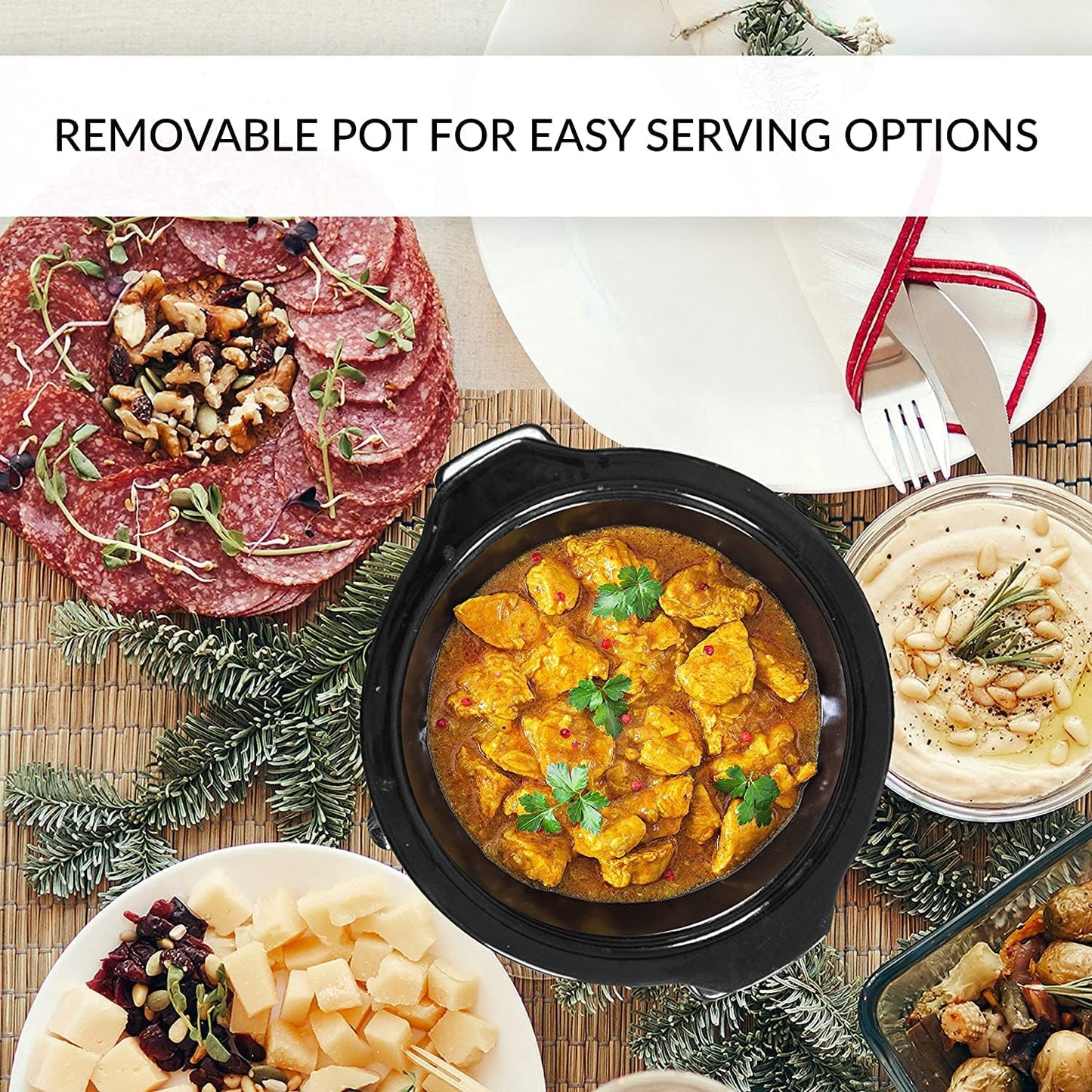 Sunvivi Dual Pot Slow Cooker, 2 Pot Small Mini Crock Buffet Server and Warmer, Upgraded Oval Ceramic Double Pot Buffet Food Warmer Adjustable Temp Glass Lid, Total 2.5 Quarts