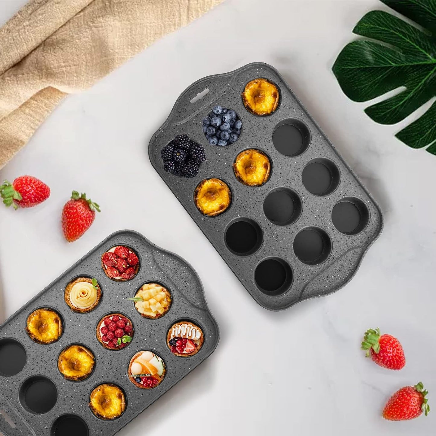 Tosnail 2 Pack 12 Cavity Mini Cheesecake Pan, Mini Cupcake Muffin Baking Pans with Removable Bottom, Round, Black