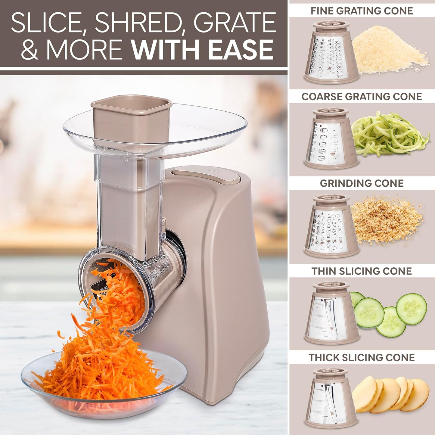 COOK WITH COLOR 5-in-1 Electric Slicer, 150W Food Prep Machine – Parmesan Shredder, Fine & Coarse Graters, Potato Grater, Vegetable Slicer, Compact Design for Bowl Prep, Warm Grey