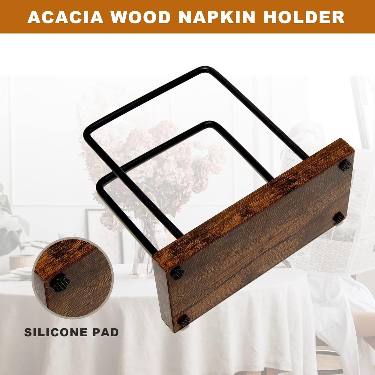 Wood Napkins Holder with Metal Wire, Standing Napkin Holder for Table, Kitchen & Dining Room Décor