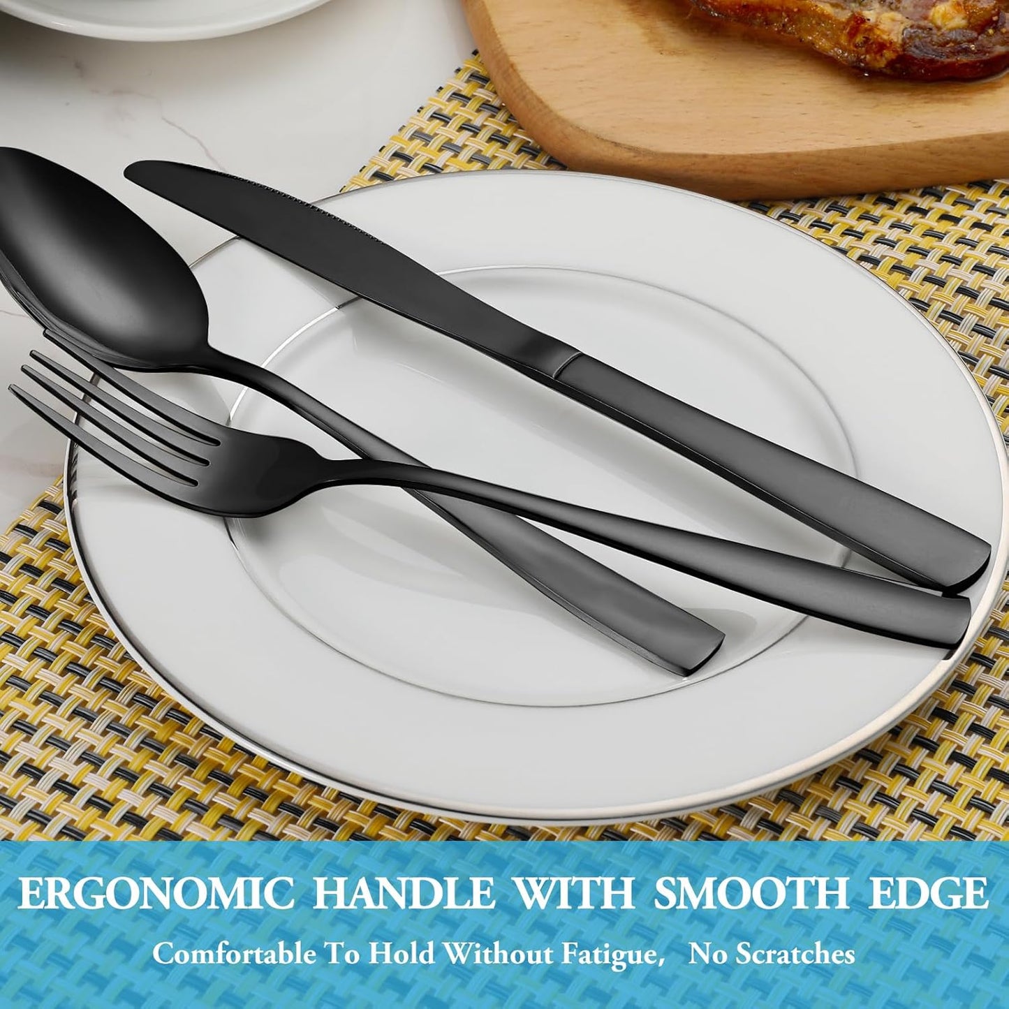 30 Pcs Black Silverware Set, Stainless Steel Flatware Set Service for 6, Mirror Polished Cutlery Utensil Set, Durable Home Kitchen Eating Tableware Set, Include Fork Knife Spoon Set, Dishwasher Safe