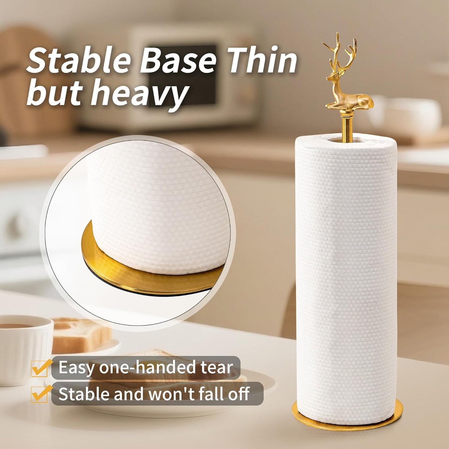 Gold Paper Towel Holder for Countertop, Vintage Brass Paper Holder for Kitchen, Bathroom, Dining Room, Non-Scratch Base & Detachable Deer