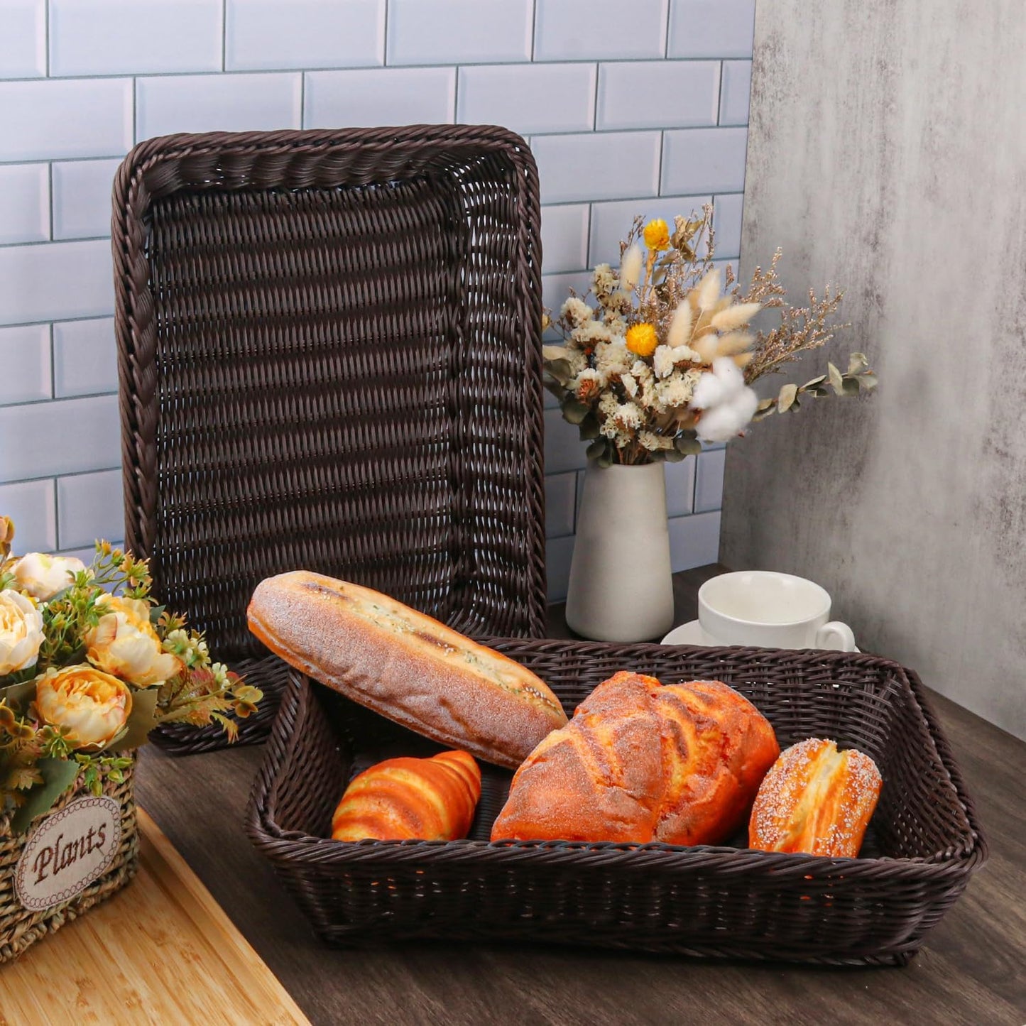 5 Pack 16 Inch Deep Coffee Wicker Bread Basket, Handmade Woven Organizer, Rectangular Fruit Baskets, Snack Basket Food Serving Baskets for Dining Table, Candies, Crackers, Fruit, Vegetables