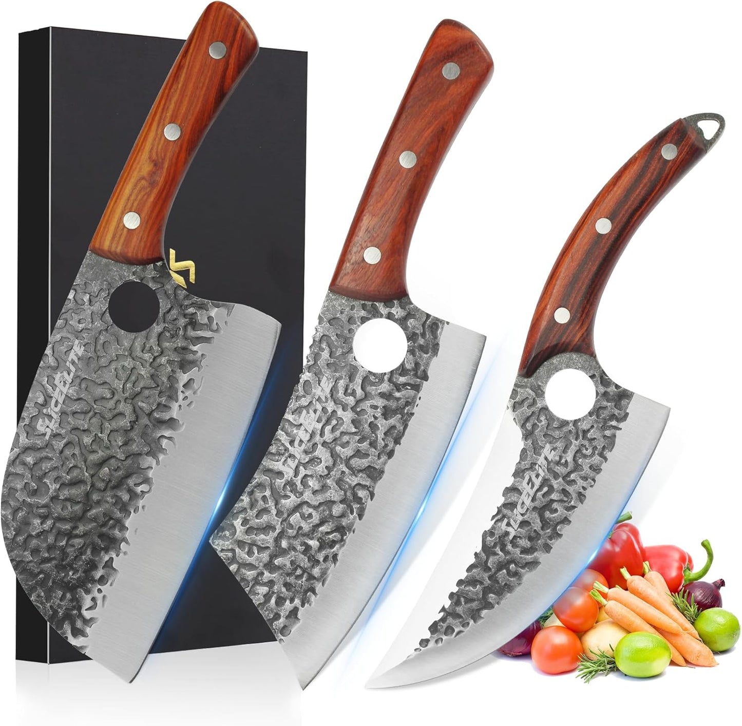SliceElite 3PCS Hand-Forged Professional Butcher Knife Set: Cleaver, Sharp Viking, & Boning, Knives for meat cutting | Chef Set with Gift Box meat cutting knife Perfect BBQ Gift for Men