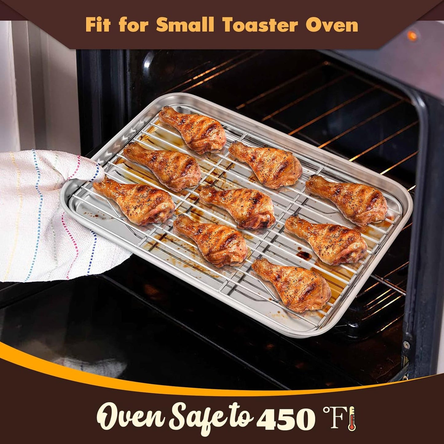 E-far Small Metal Toaster Oven Tray with Rack Set, 9.4”x7.3” Baking Sheet Broiling Pan with Stainless Steel Wire Cooling Rack, Non-Toxic Compact Bakeware for Toaster Oven - Dishwasher Safe