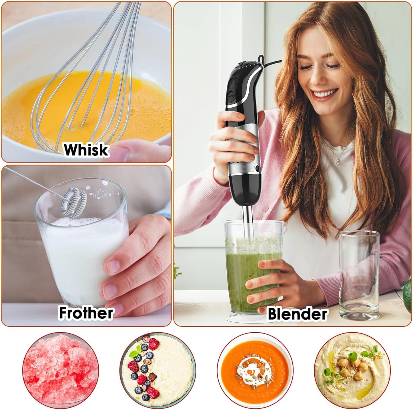 Immersion Blender Handheld for Kitchen,Emulsion Blender Handheld,12 Speed Electric Hand Mixer with BPA Free Attachments:Chopper Bowl,Whisk,Milk Frother,Measuring Cup