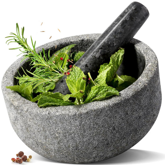 Koville Granite Mortar and Pestle Set, 7"-4 Cups Unpolished Stone Grinder Bowl for Guacamole, Salsa, Pill Crusher, Spice, Herb, Garlic, Nut, Heavy Duty Grinder for Kitchen(Angola Silver Black)