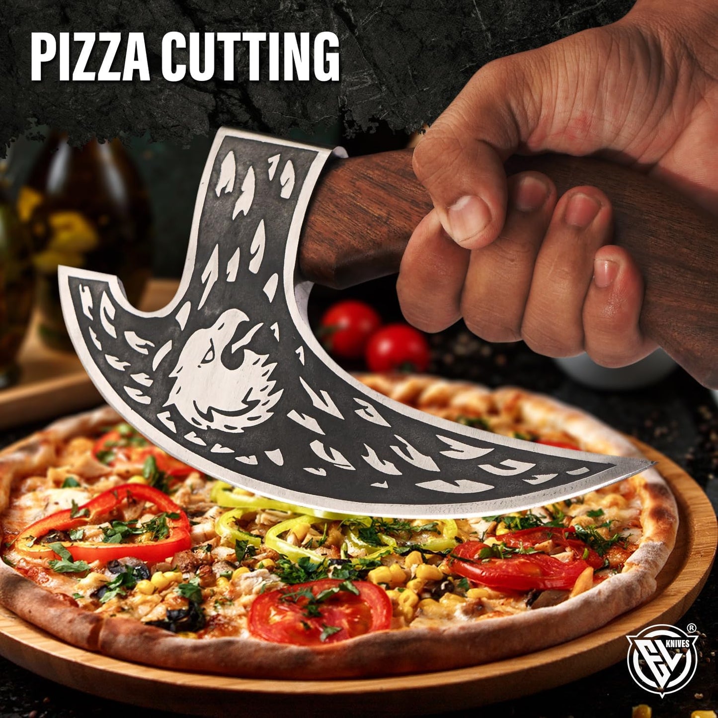 Edgelandknives® Multipurpose Viking Pizza Axe with Sheath, Viking Butcher Axe, Viking Pizza Cutter Axe - Rosewood Handle & Engraved Head - Perfect for Cutting Pizza, Meat, Vegetables