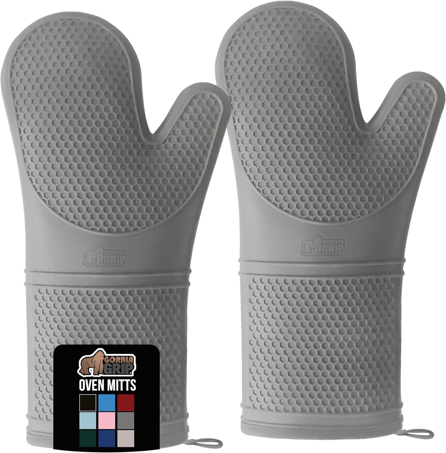 GORILLA GRIP BPA-Free Soft Silicone Oven Mitts, 14.5x8.3, Heat Resistant and Waterproof Cooking Gloves, Thick Cotton Lining, Flexible Gripping for Baking Grilling, Kitchen Potholders Set of 2, Gray
