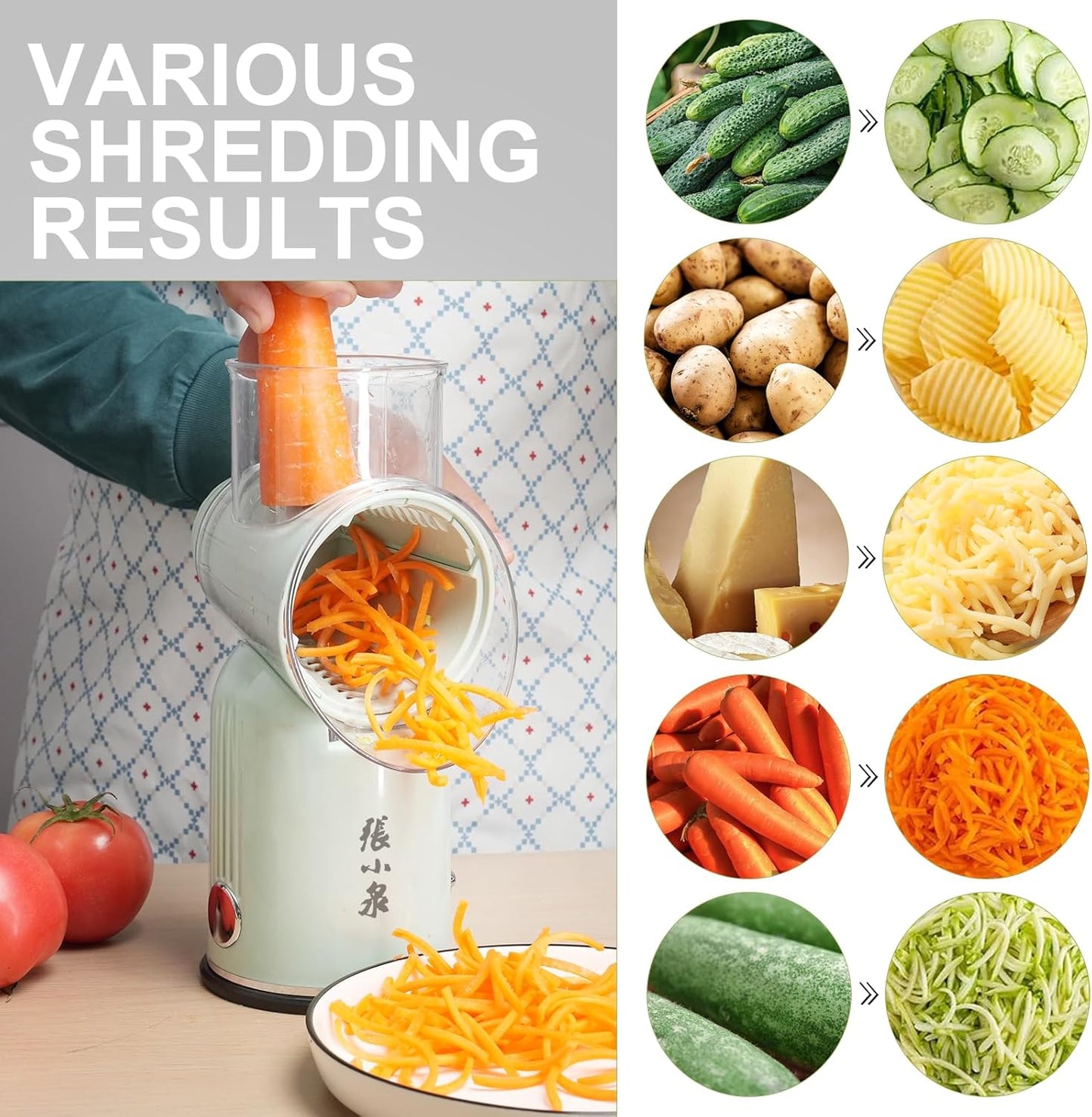 ZHANG XIAO QUAN SINCE 1628 5-in-1 Interchangeable Blades Rotary Cheese Grater Hand Crank, Cheese Shredder Mandoline Vegetable Julienne Slicer Cutter Nut Chopper with Anti-Slip Base, Blade Storage