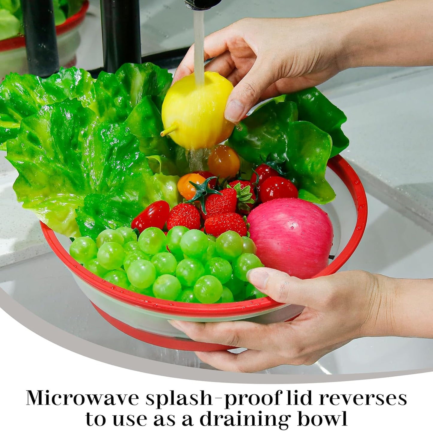 10.7 Inch Microwave Food Cover with Heat Insulation Mat, Anti-Scald Collapsible Microwave Splatter Cover, Multi-Functional as Colander & Fruit Plate, Dishwasher Safe, Ideal for Meal Prep (Red)