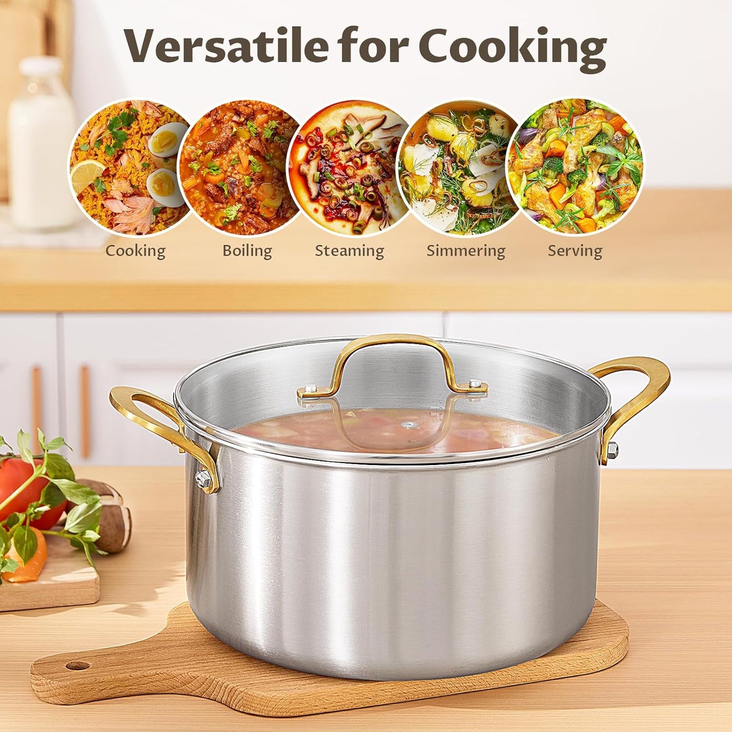 BEZIA 6 Quart Tri-Ply Stainless Steel Stockpot，Even Heat Distribution, Cooking Pot With Sturdy Handles, Oven-Safe Up to 500°F, Compatible with All Cooktops, Perfect for Soups & Stews, Silver