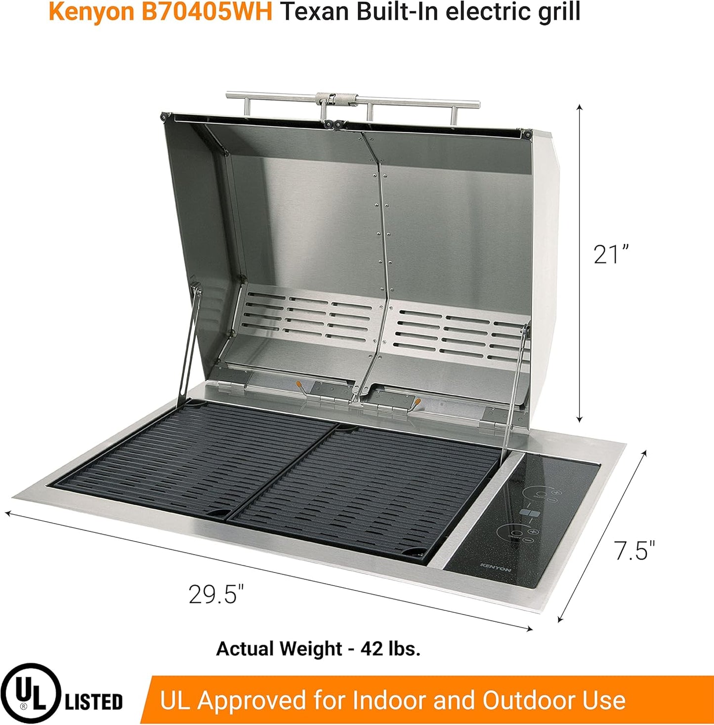 Kenyon Texan Built-In Electric Grill for Stone Counter, Standard Lite-Touch, Stainless Steel Grill with Split Lid for Indoor and Outdoor Use, 2 Burners, Quick Heat Up, Dishwasher Safe Grate, 240V
