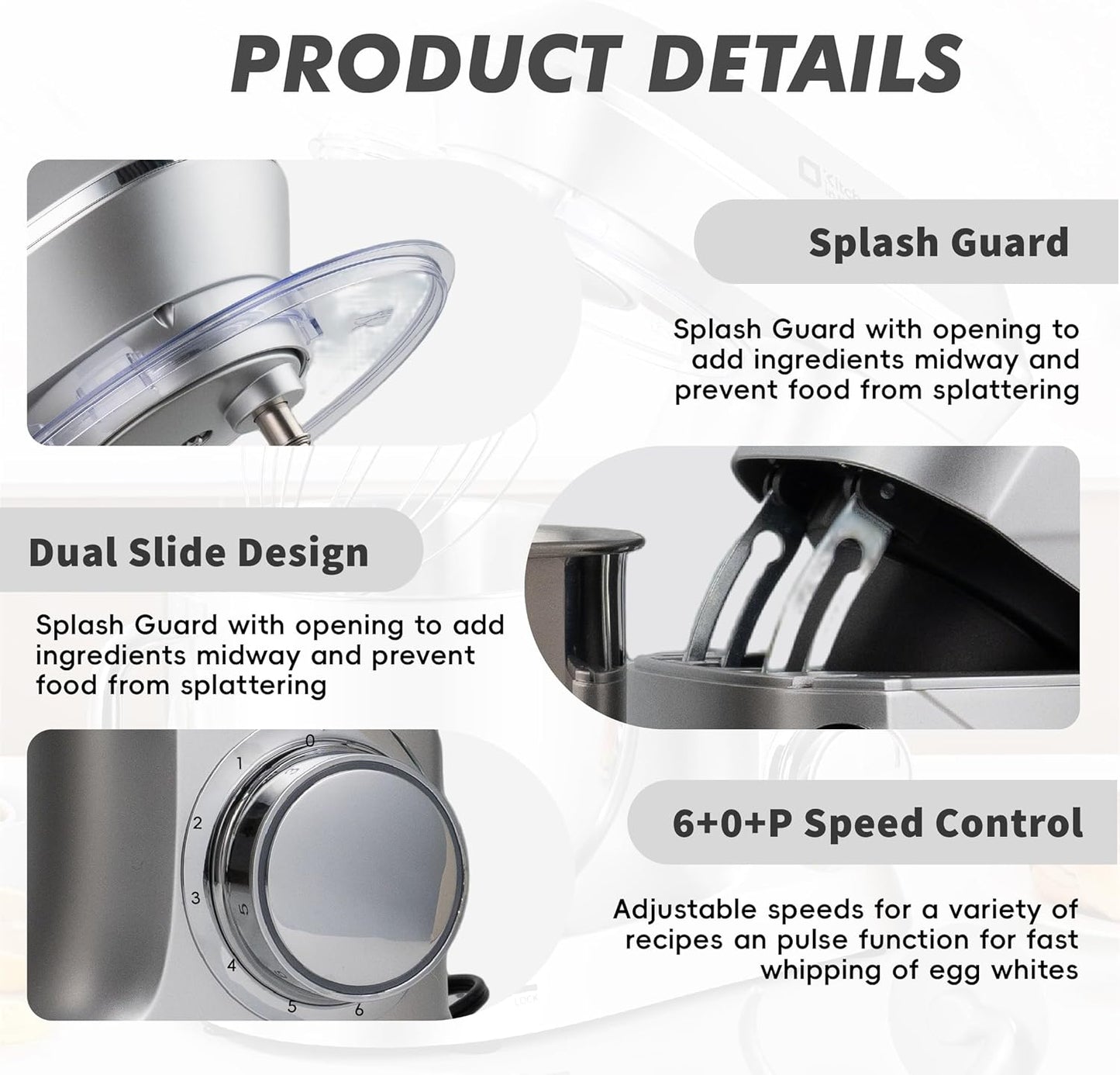 Kitchen in the box Stand Mixer, 900W 7.5QT Kitchen Electric Mixer, 6-Speed Tilt-Head Food Mixer for Baking with Dough Hook,Wire Whip,Beater (Silver)