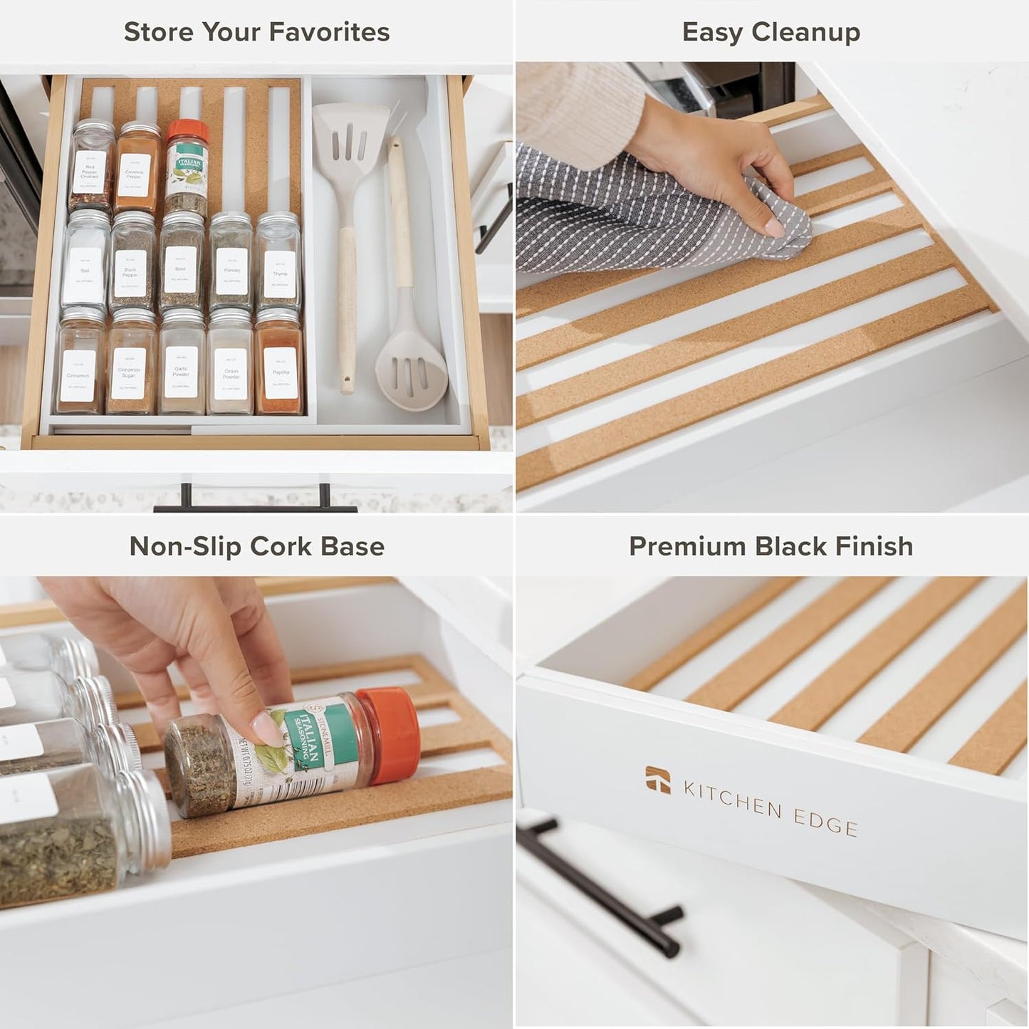 KitchenEdge Spice Drawer Organizer with Expandable Storage. Holds up to 15 Spice Jars (Not Included), Non-Slip Feet, Kitchen Accessory Storage, 100% Sustainable Bamboo Wood (White Bamboo)