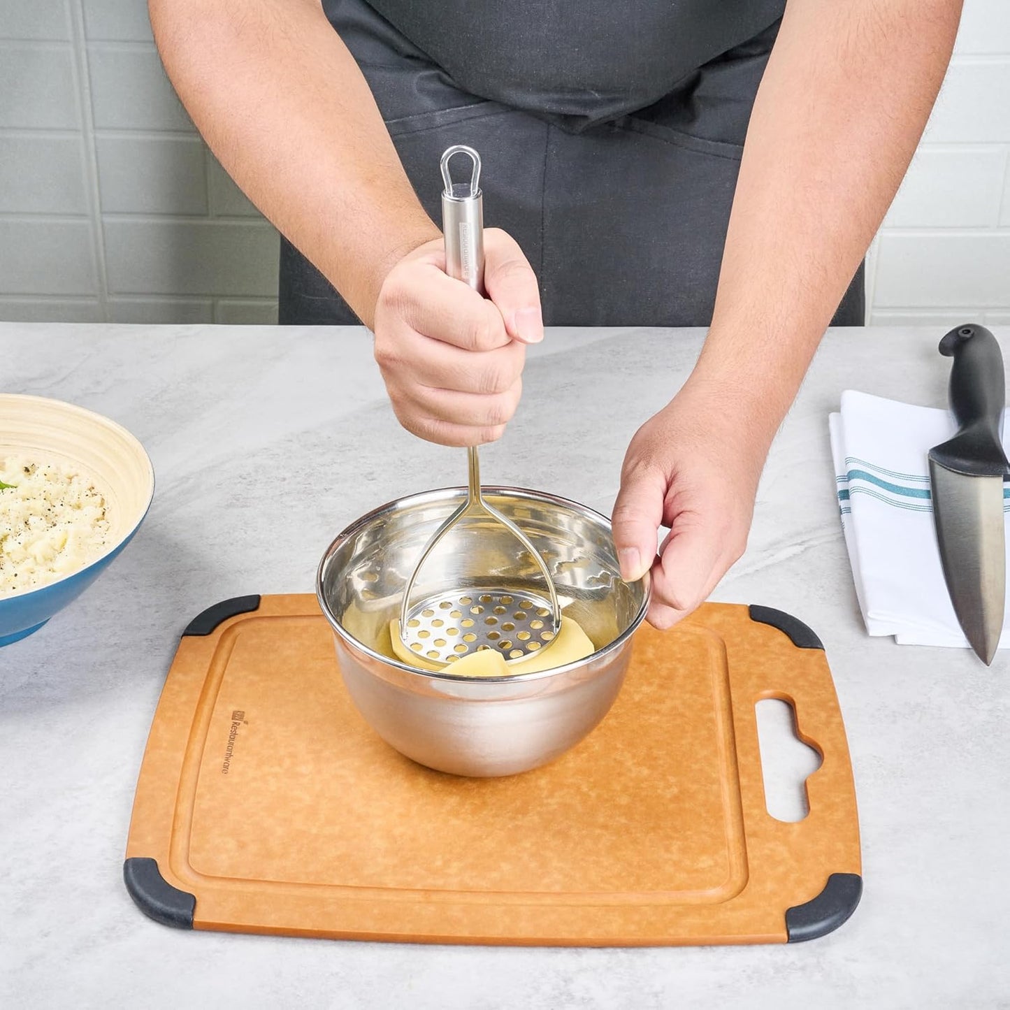 Restaurantware-German Standard Round-Faced Mashers With Ergonomic Handle, 6 Heavy-Duty Potato Mashers - Dishwashable, Durable, Stainless Steel Food Masher, For Avocado, Beans, Sweet Potatoes