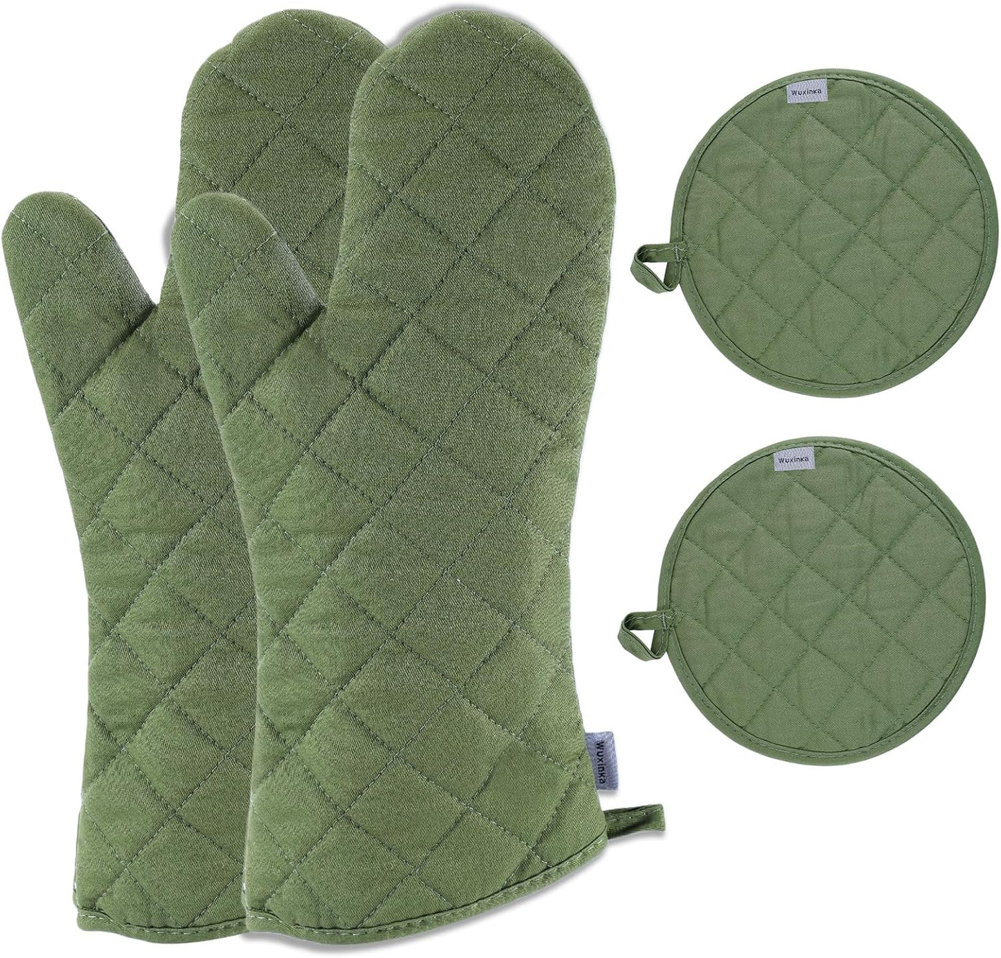 Set of 4 Oven Mitts and Pot Holder Heavy and Tall Kitchen Cotton Gloves Lined Towelcloth, Gloves Length 40cm, Pot Holder Width 20cm Diameter Round… (Army Green)