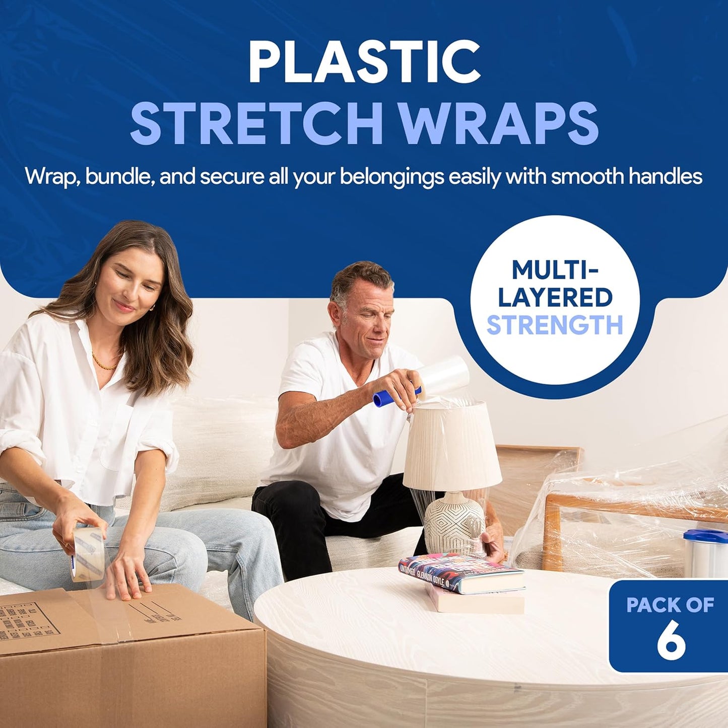International Plastics Co. 6 Pack of 5" Plastic Stretch Film Wrap with Rotating Handles 1000 feet Each 500% Stretch Ability