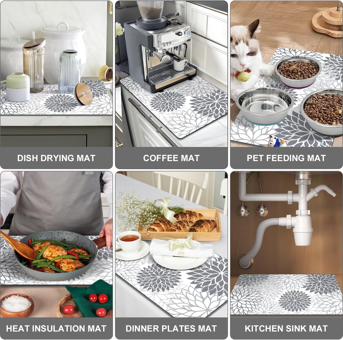 Findosom 2PCS 16" x 24" Dish Drying Mat & 24" x 5.5" Sink Splash Guard, Super Absorbent & Cuttable Dish Mat Drying Kitchen Mat with Gray Floral, Hide Stain Drying Mat for Kitchen Counter