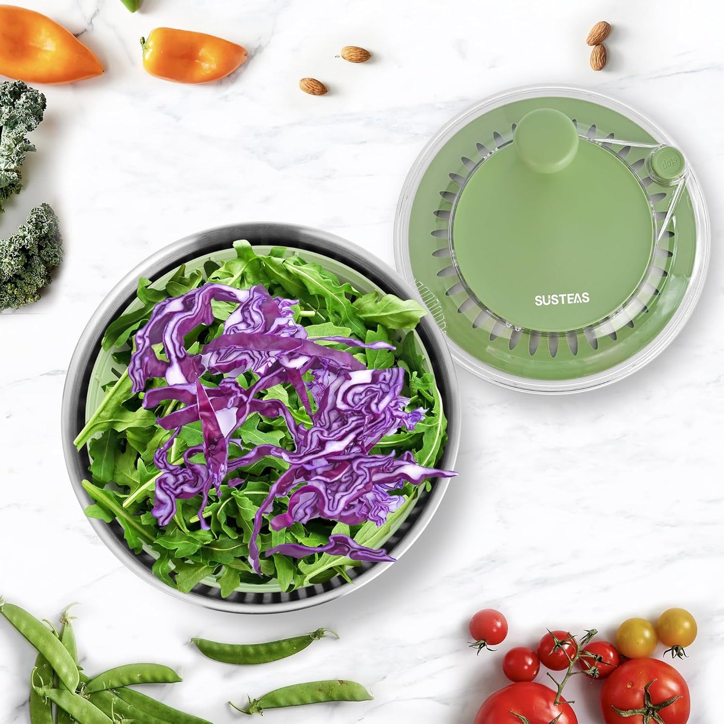 SUSTEAS Stainless Steel Salad Spinner, Lettuce Spinner with Non-Slip Base, Drainage Hole, Stop Button, Vegetable Dryer, Fruit Washer, BPA-Free, Dishwasher Safe, 4.25Qt
