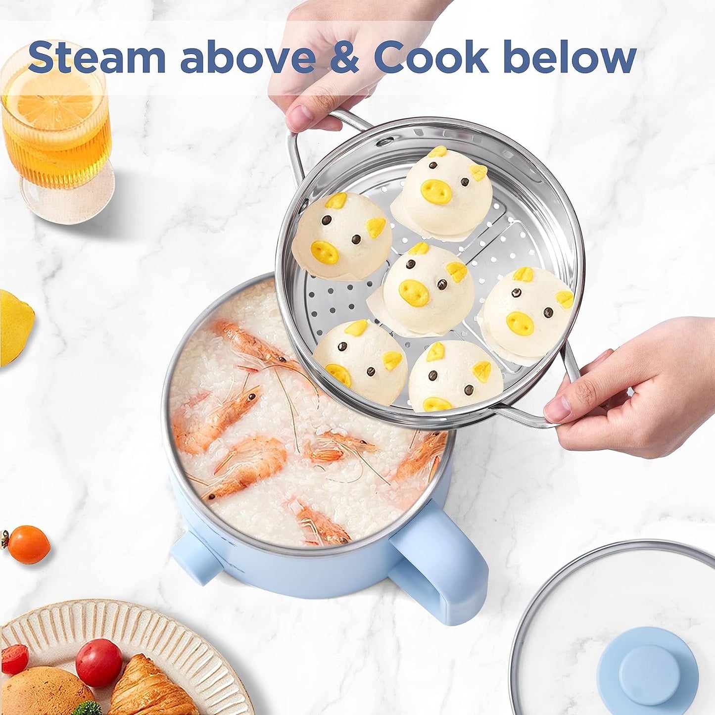 Topwit Hot Pot Electric with Steamer, 1.6L Ramen Cooker, Electric Pot for Pasta, Shabu-Shabu, Oatmeal, Soup and Egg, Portable Cooker with Dual Power Control, Dorm Room Essentials, Blue