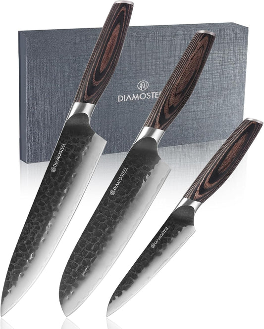 Kitchen Knife Set - 3 Pieces Knives Set for Kitchen High Carbon 9CR18MOV Steel, Hammered Black Oxide Blade & Pakkawood Handle - Profession Chef Knife Set Elegant Holiday Gift for Chefs
