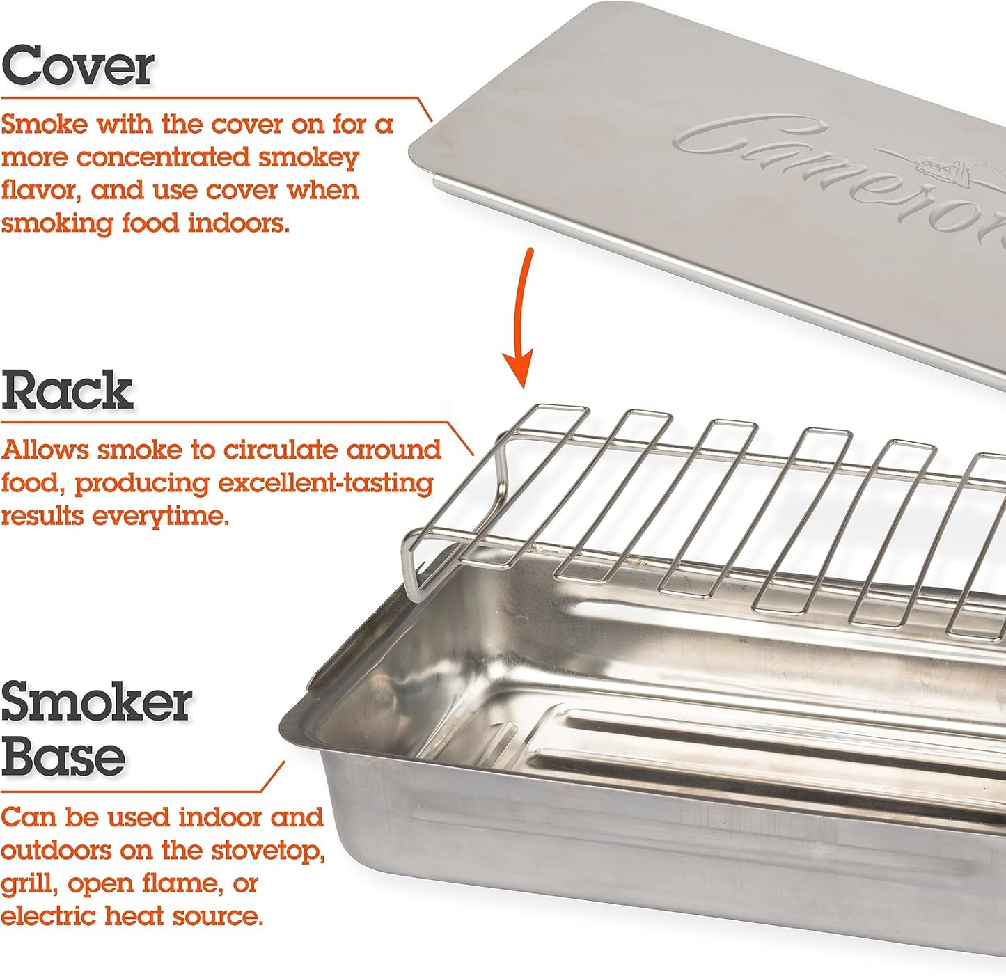 Camerons Indoor Outdoor Stovetop Smoker - Stainless Steel Barbecue Smoker Box w/Oak Wood Chips & Recipes - Works On Any Heat Source, Stovetop or BBQ Grill for Smoking Meats - Grilling Gift for Men