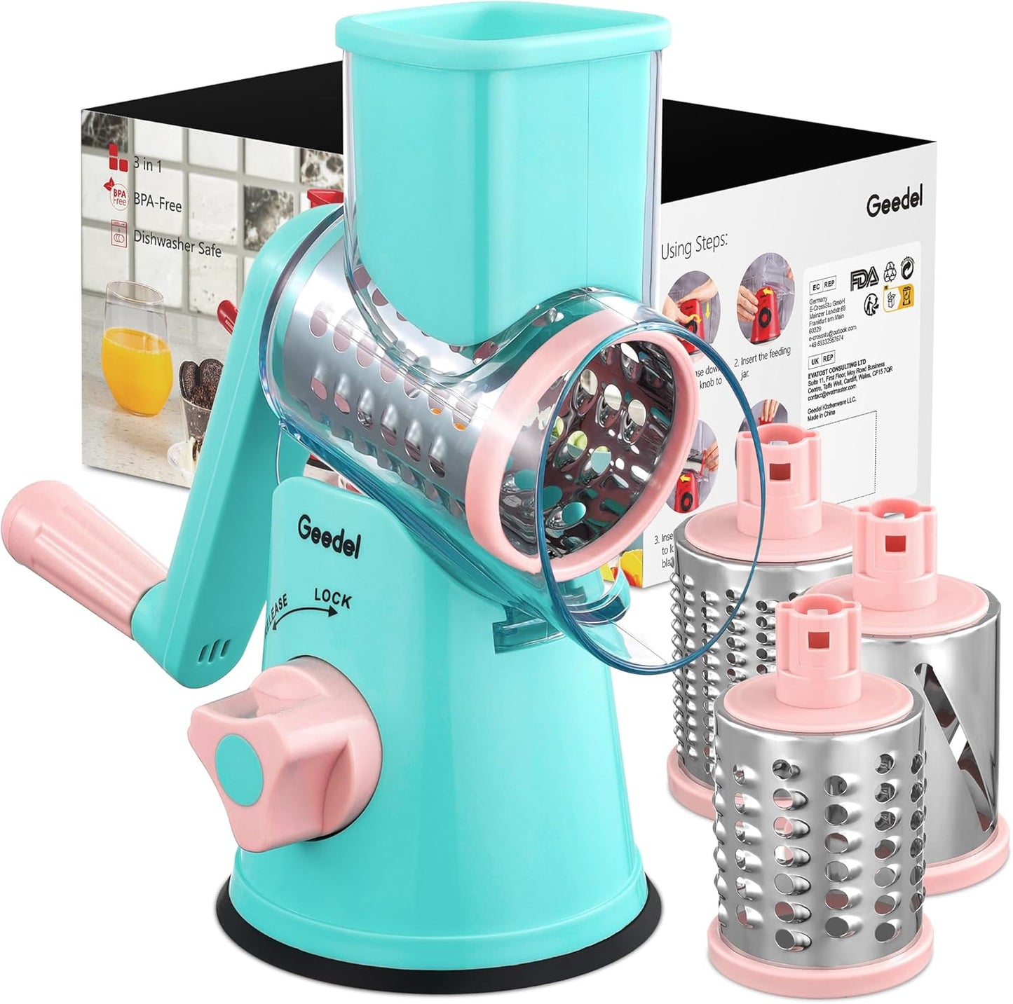 Geedel Rotary Cheese Grater, Kitchen Mandoline Vegetable Slicer with 3 Interchangeable Blades, Easy to Clean Rotary Grater Slicer for Fruit, Vegetables, Nuts
