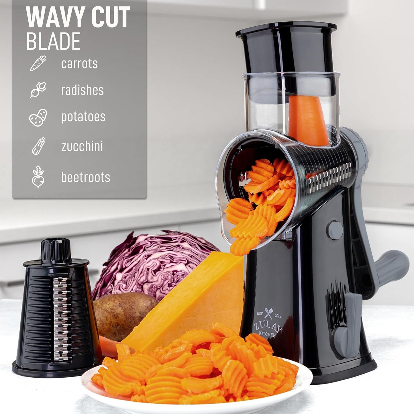 Zulay Kitchen Rotary Cheese Grater 5 Blade Cheese Shredder - Manual Hand Crank Cheese Grater With Reinforced Suction & 5 Interchangeable Drums - Easy to Use, Vegetable Chopper Round Mandoline Slicer