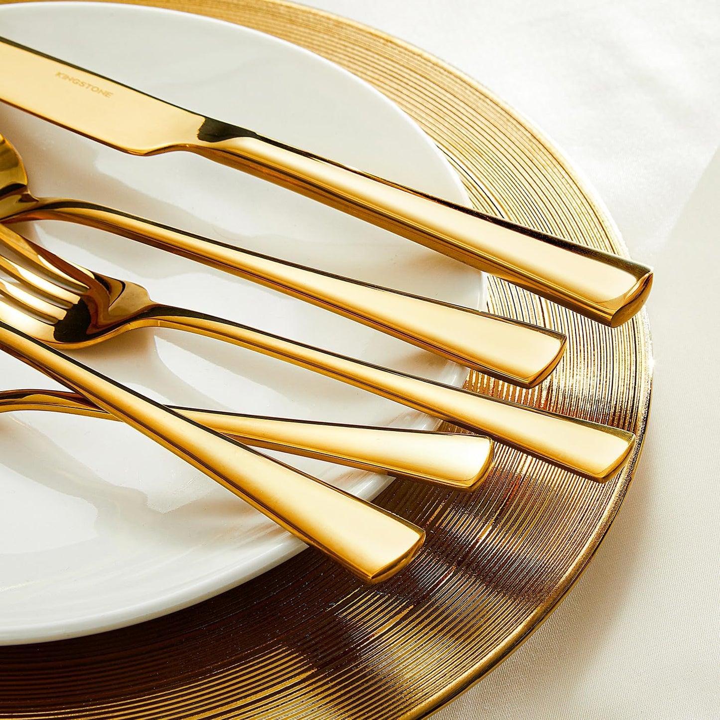 KINGSTONE 18/10 Stainless Steel Flatware, 20-Piece Forged Silverware Set for 4, Mirror Polished Cutlery Set Dishwaher Safe for Home, Restaurant, Wedding, Party, Gold