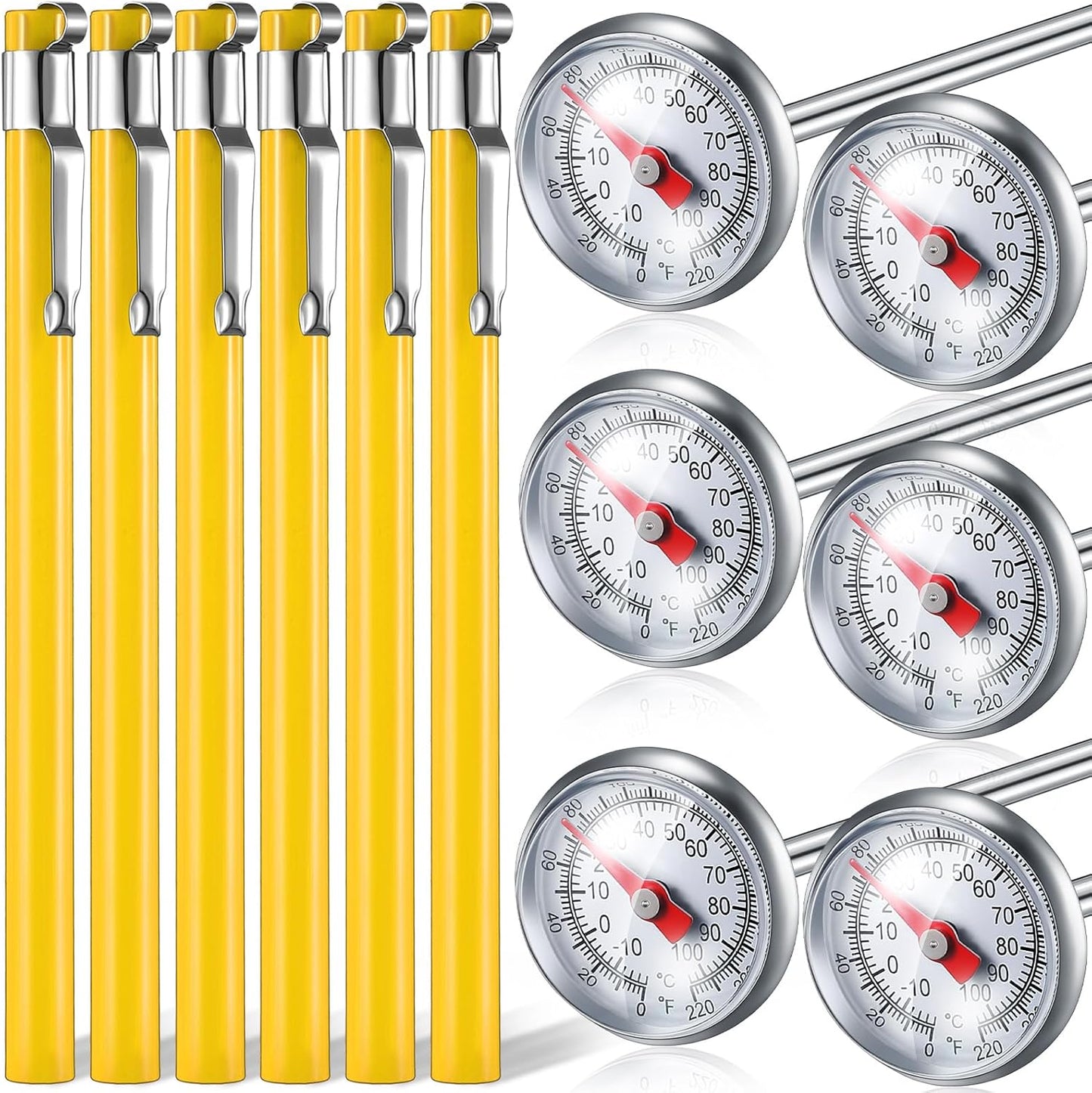 Xuhal 6 Pcs Stainless Steel Kitchen Thermometer with 5 Inch Long Stem 1 Inch Dial Thermometer Milk Frothing Food for Oven Probe Meat Grill BBQ Cooking Chocolate Water(Yellow)