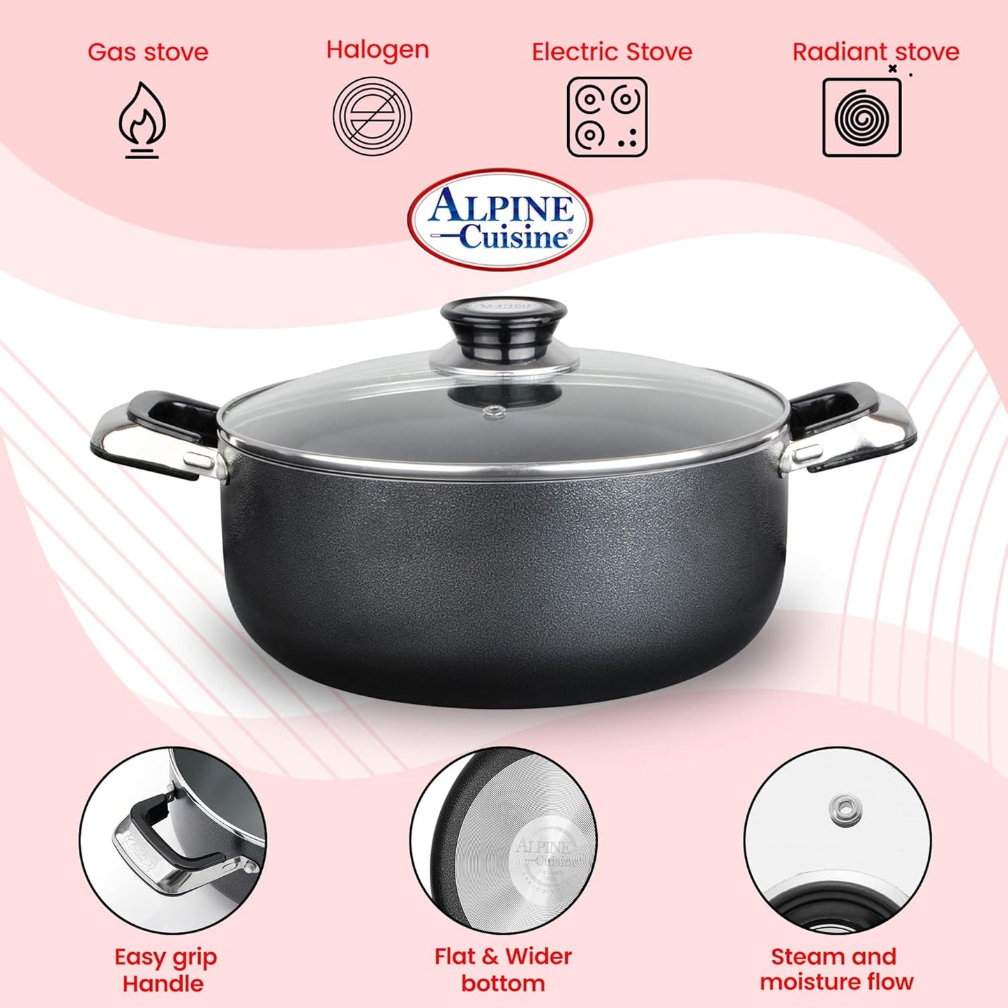 Alpine Cuisine 13 Quart Non-stick Stock Pot with Tempered Glass Lid and Carrying Handles, Multi-Purpose Cookware Aluminum Dutch Oven for Braising, Boiling, Stewing