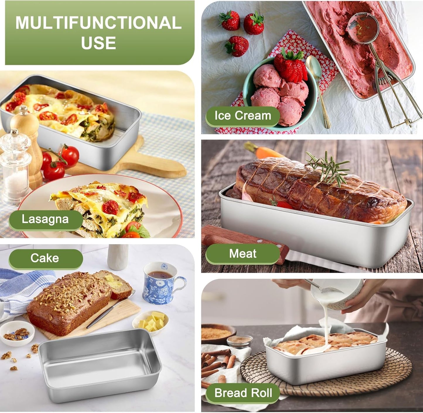 P&P CHEF Loaf Pan Set, 9 x 5 Inch Bread Pans, Stainless Steel Loaf Toast Baking Pans For Bread Meatloaf Lasagna Cake, Healthy & Non Toxic, Oven & Dishwasher Safe,(Silver, 8Pcs)