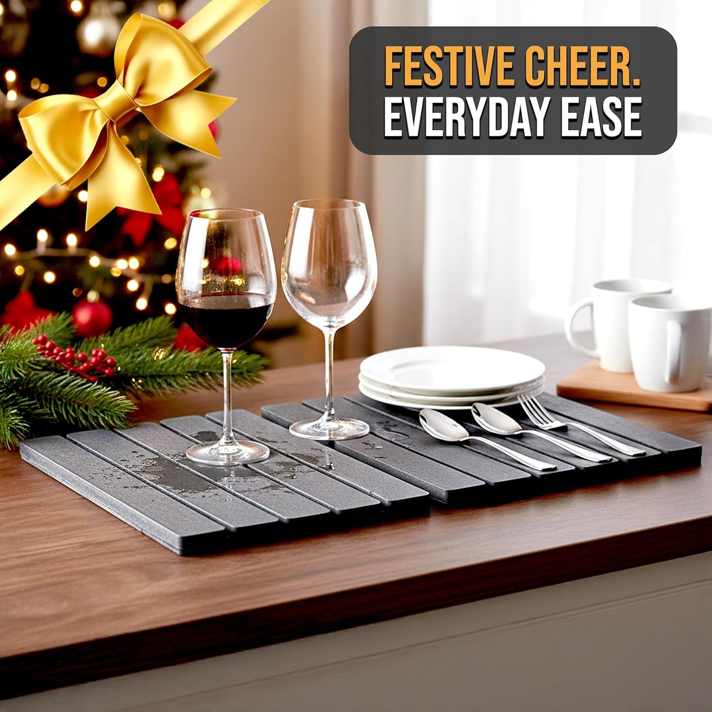 Large Foldable Stone Dish Drying Mat – Diatomaceous Earth, 12"x16" Each or 24"x16" Combined – Fast Dry, Anti-Slip Pad, Sanding Tool & Instruction Manual for Kitchen, Bathroom or RV (2-Pack)