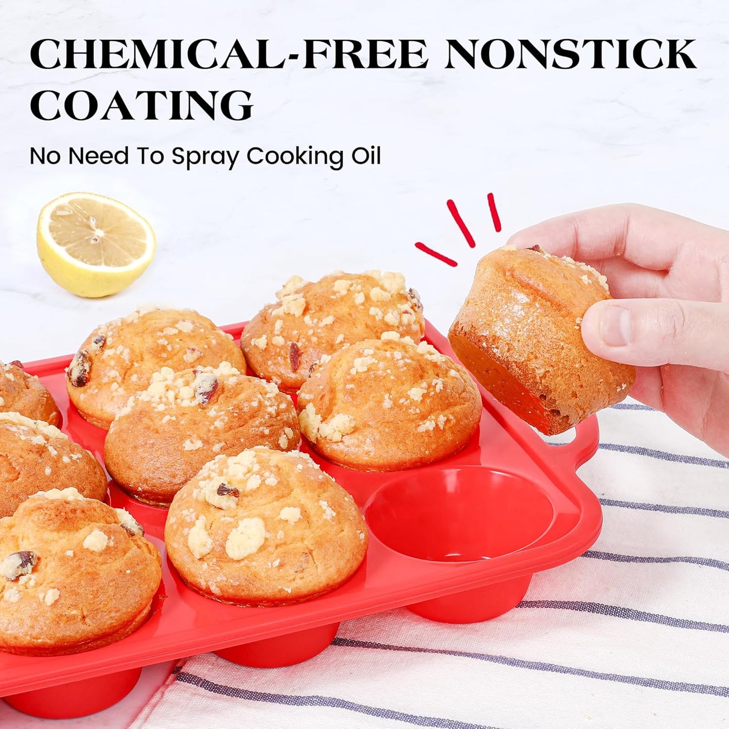 Regular 12 Cup and Mini 24 Cup Nonstick Cupcake Pan Set Silicone Muffin Pan for Baking Silicone Cupcake Mold with Metal Reinforced Frame BPA Free (2 Pcs, Red)