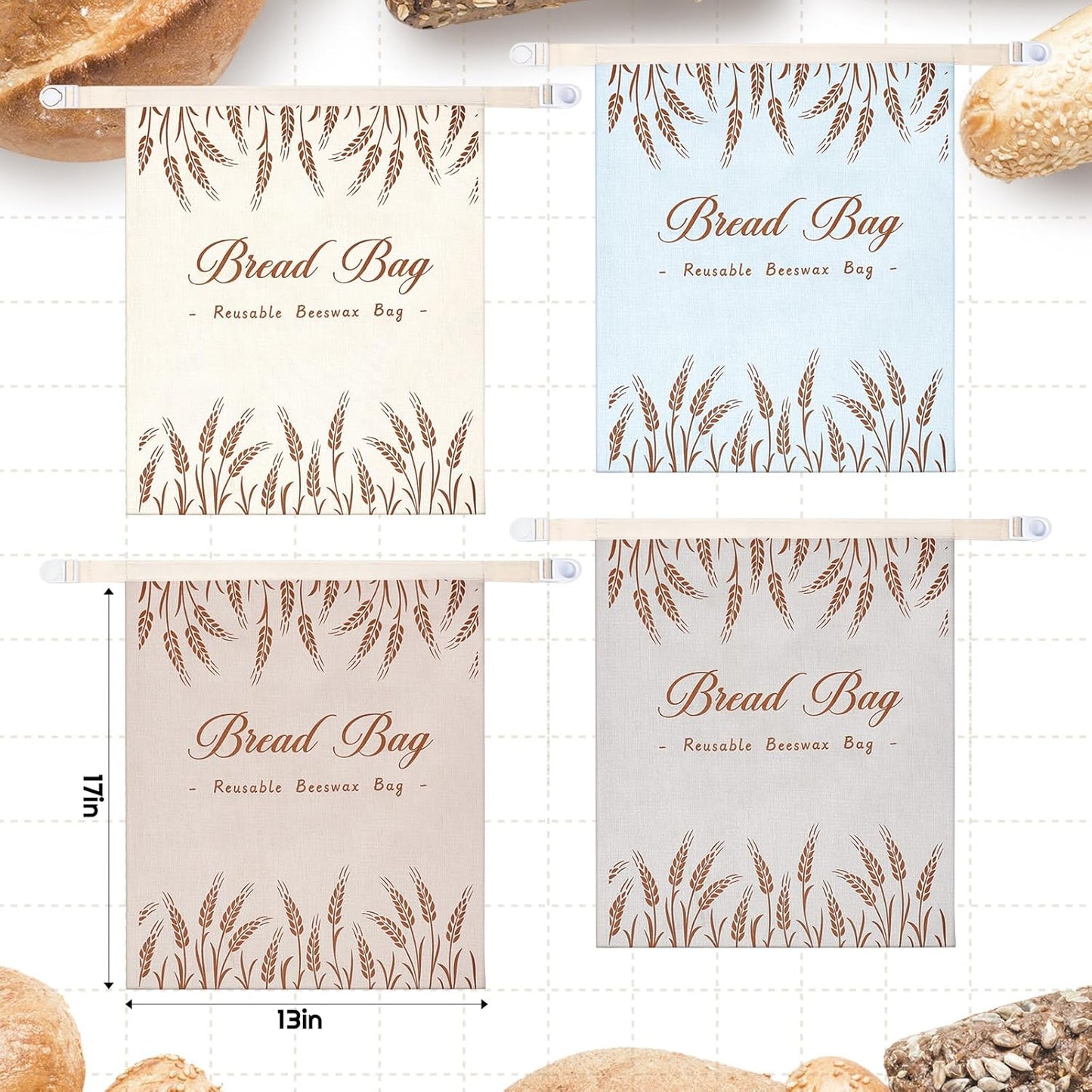 4 Pcs Beeswax Bread Bags for Sourdough Reusable Cotton Bread Storage Bags 13” x 17” Large Container Accessories for Homemade Loaf Keep Fresh Food Storage Gifts