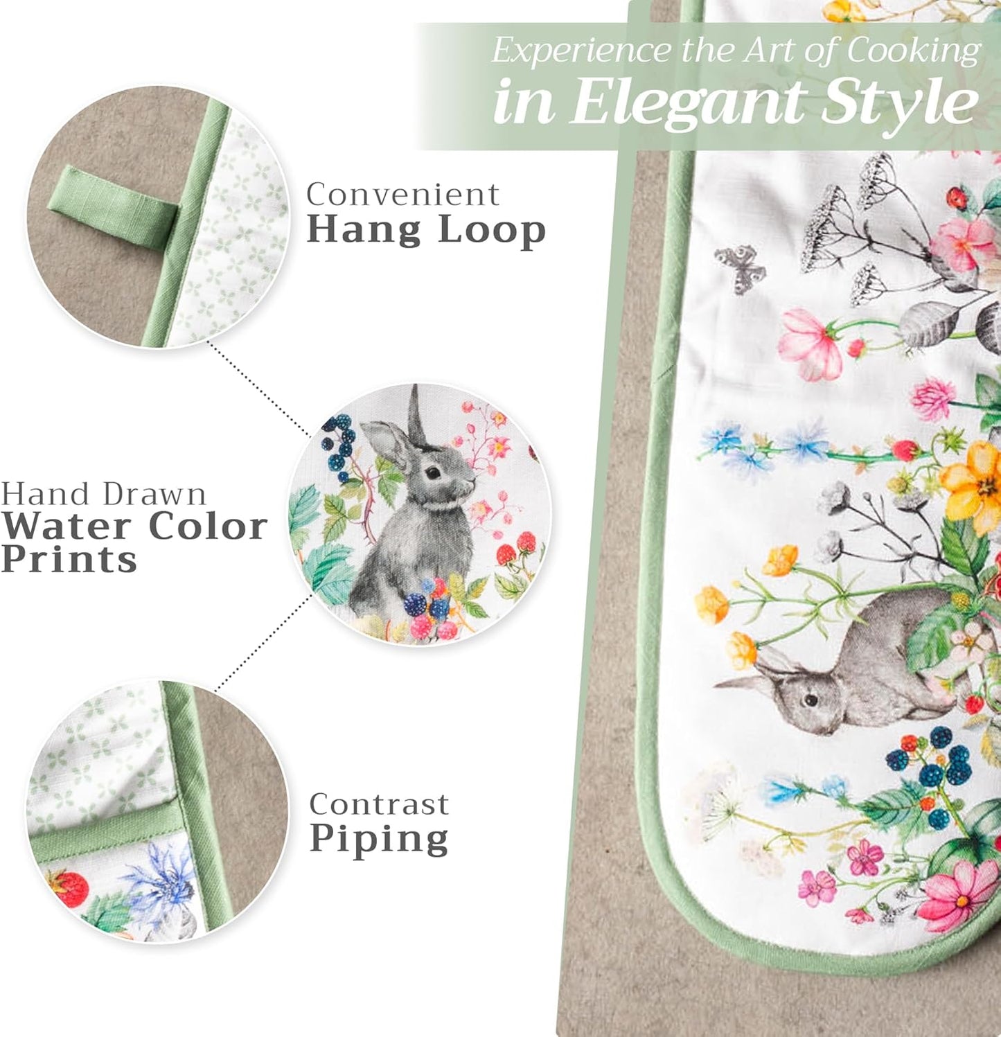 Maison d' Hermine Double Oven Mitts 100% Cotton 7"x35" Double Oven Mitt Heat Resistant BBQ Cooking Gloves with Loop, Baking, Grilling, Home, Kitchen, Handling Hot Pans Spring Summer (Printemps)