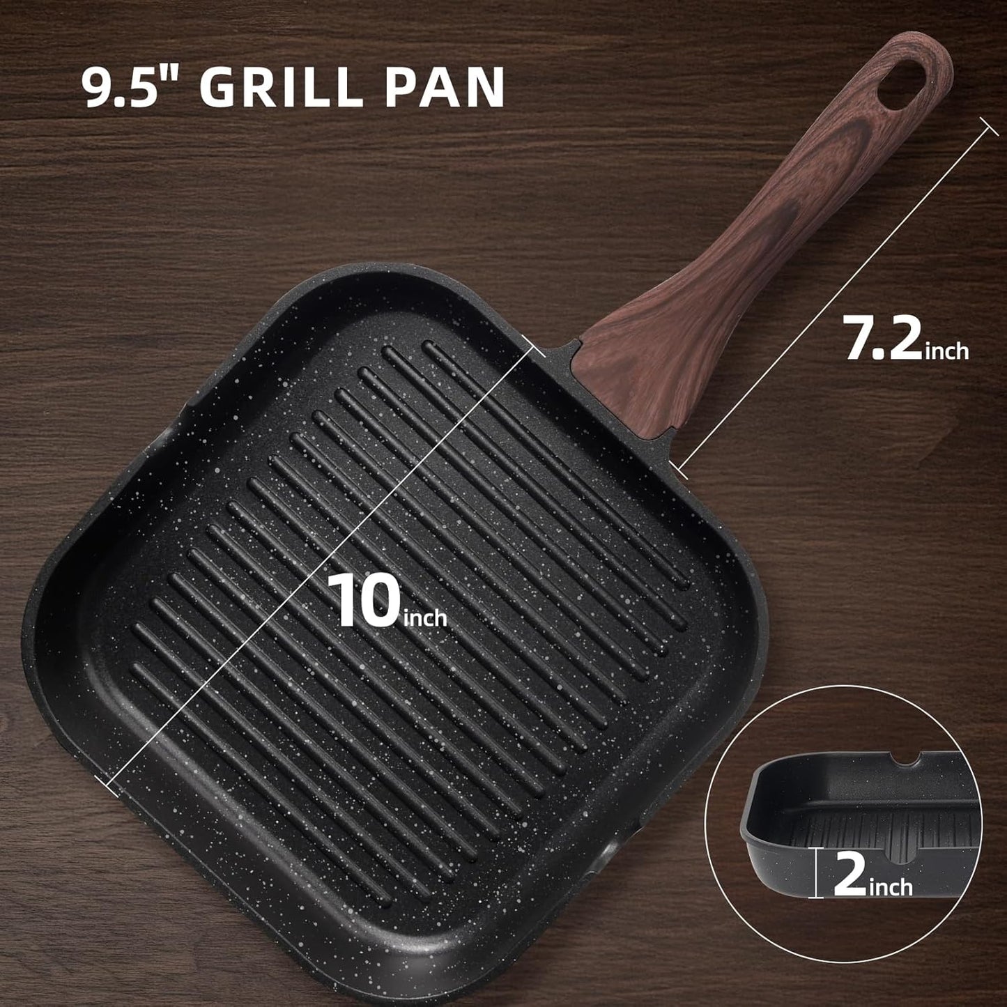 Kikcoin Nonstick Grill Pan for Indoor Cooking，9.5 Inch Versatile Griddle for Stove Tops Steak Pan with Pour Spouts