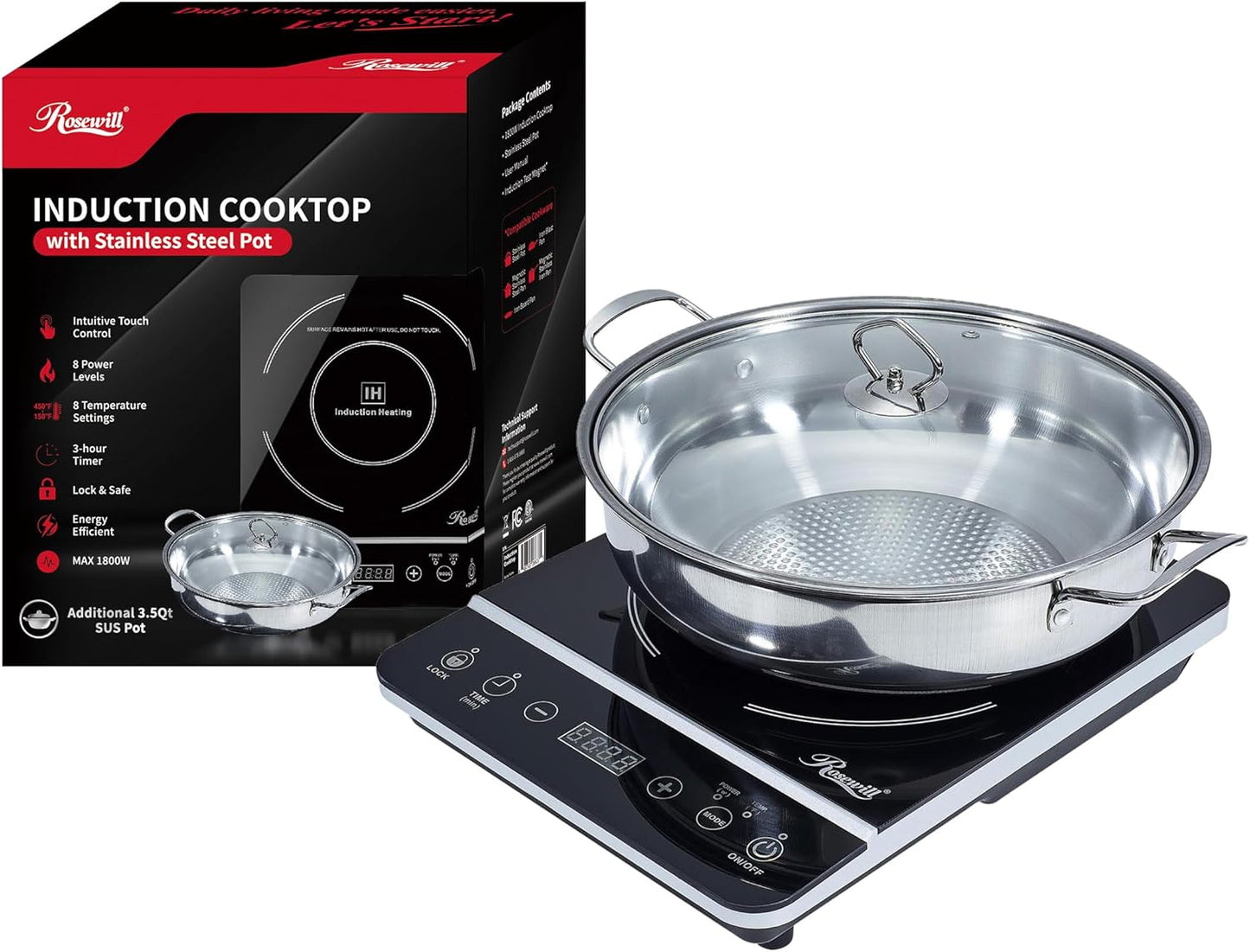 Rosewill Induction Cooker 1800 Watt, Induction Cooktop, Electric Burner with Stainless Steel Pot 10" 3.5 QT 18-8, RHAI-13001