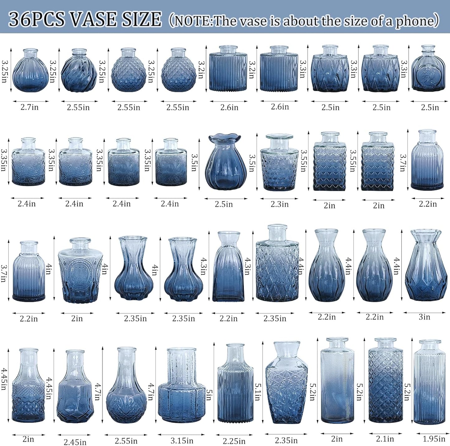 36Pcs Bud Vases Set Small Vintage Glass Bottles Bud Vases in Bulk Multiple Shape Cute Glass Vases for Rustic Wedding Centerpieces Table Decorations and Home Decor(Blue)