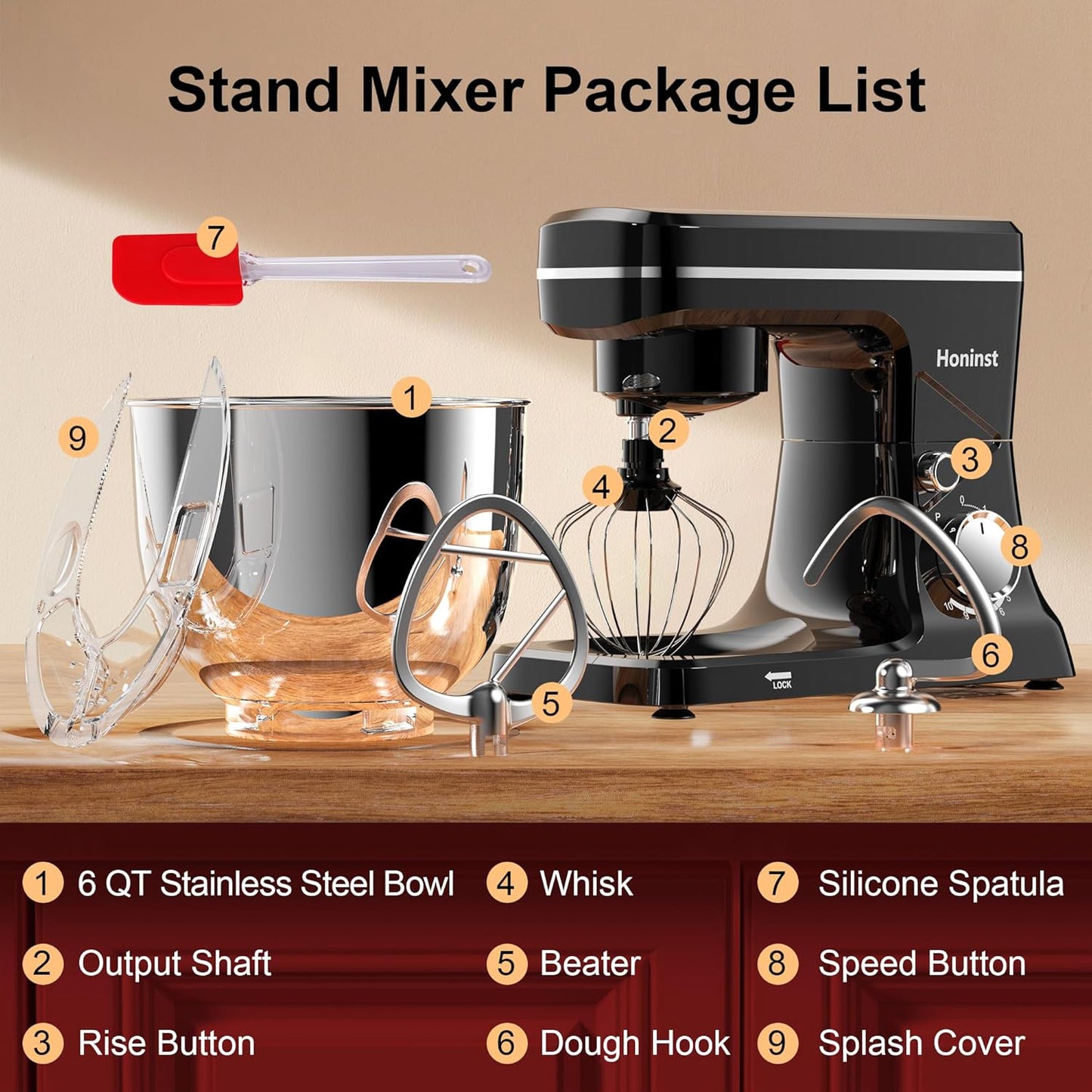 10-Speed Stand Mixer with 8-in-1 Splash Guard, Tilt-Head, 6QT Stainless Steel Bowl + Dishwasher-Safe Dough Hook/Whisk/Beater/Spatula for Baking Bread, Cakes, Cookies, Black