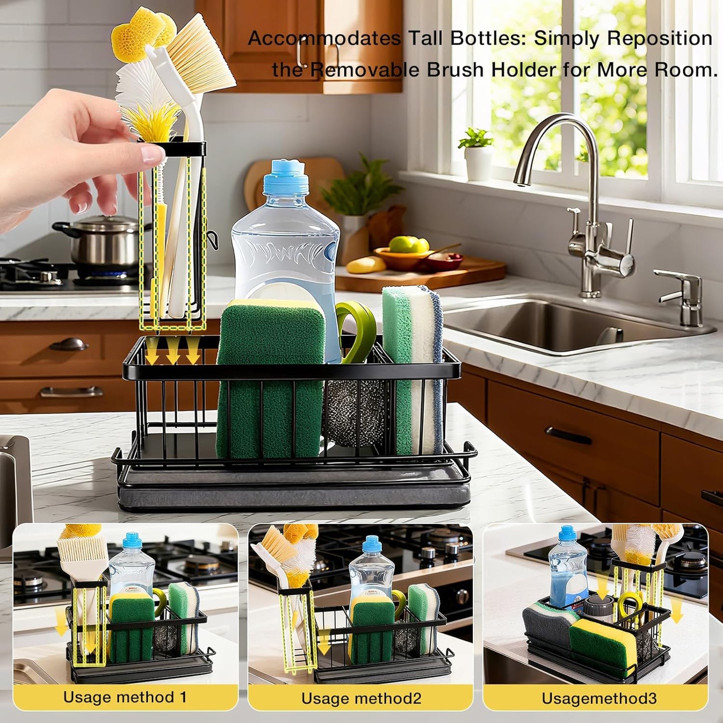 Kitchen Sink Caddy, Sink Sponge Holder with Instant Dry Stone Tray, Stainless Steel Holder for Sponges, Scrubbers & Soap - 9.1" X 5.91" X 5.1" Home Decor Storage Organizer