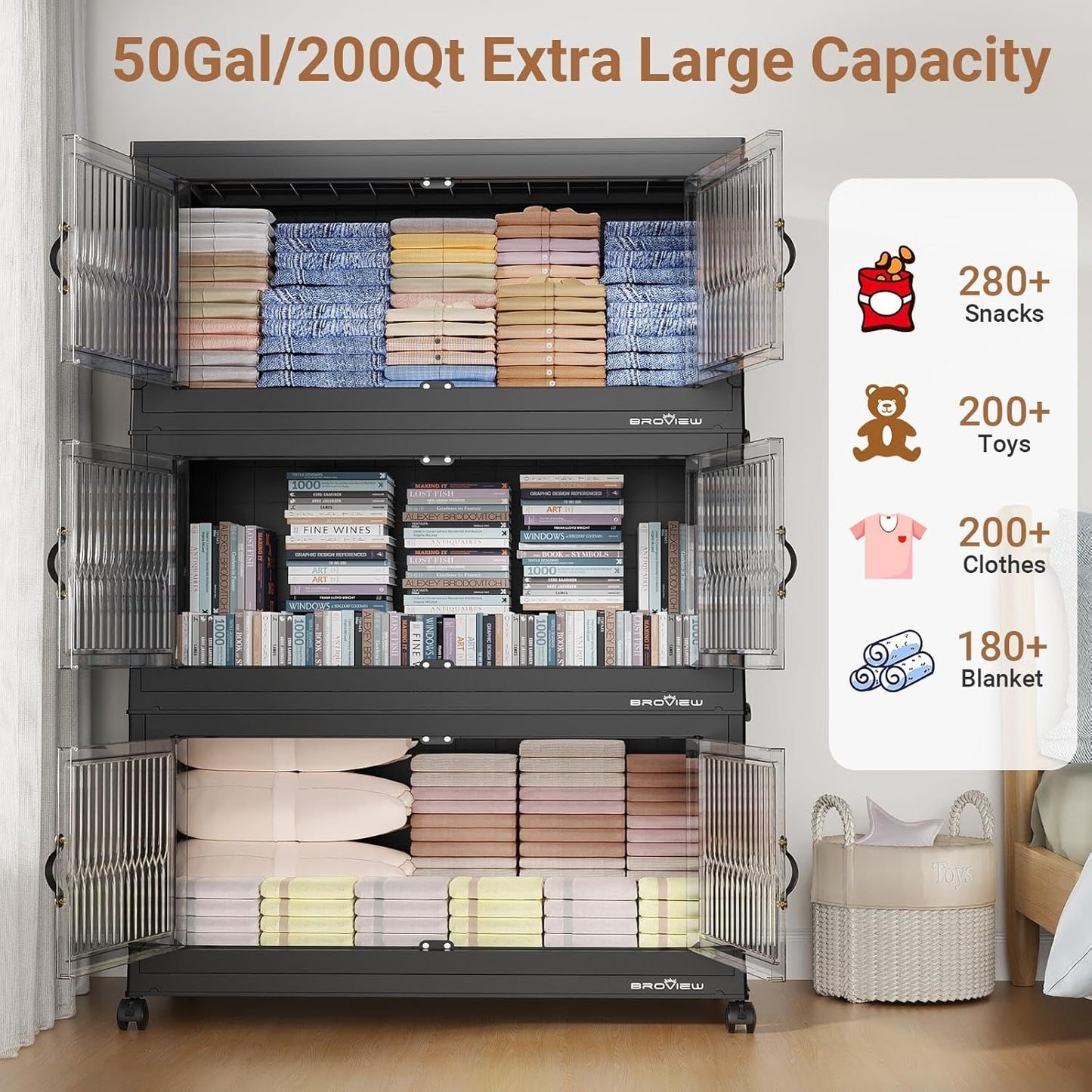 600Qt Extra Large Stackable Storage Bins with Lid, Closet Organizer Collapsible Drawer Boxes with Wheels, Folding Plastic Cabinet Containers for Home Kitchen Room Organization, 3Pack Black