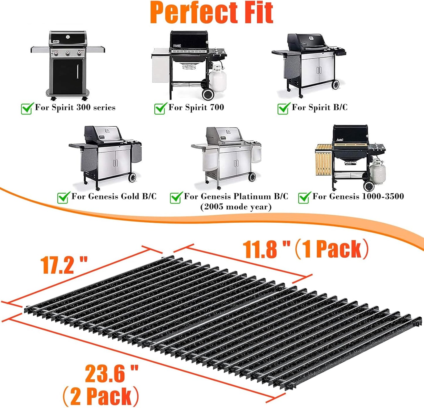 7525 Grill Grates for Weber Spirit 300 Series, E310, E320 Gas Gill with Front Control Panel, Spirit 700, 17 1/4" Cooking Grates for Genesis Silver B/C, Genesis Gold B/C, Porcelain Enameled, 2 Pack