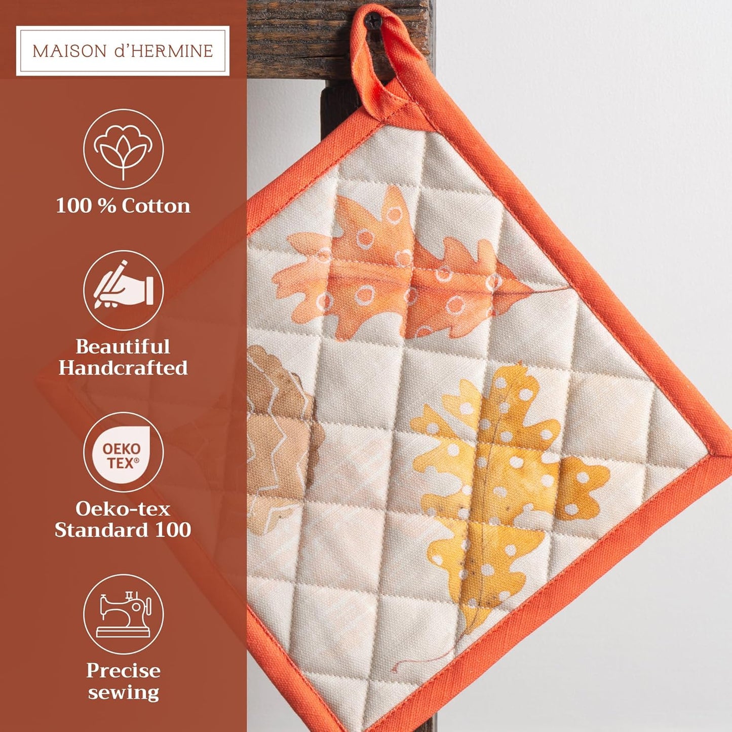 Maison d' Hermine Pot Holders 100% Cotton Heat Resistant Potholders 8" x 8" Hot Pads with Loop BBQ, Cooking, Baking, Grilling, Kitchen, Handling Hot Pans (Pack of 1, Colors of Autumn)